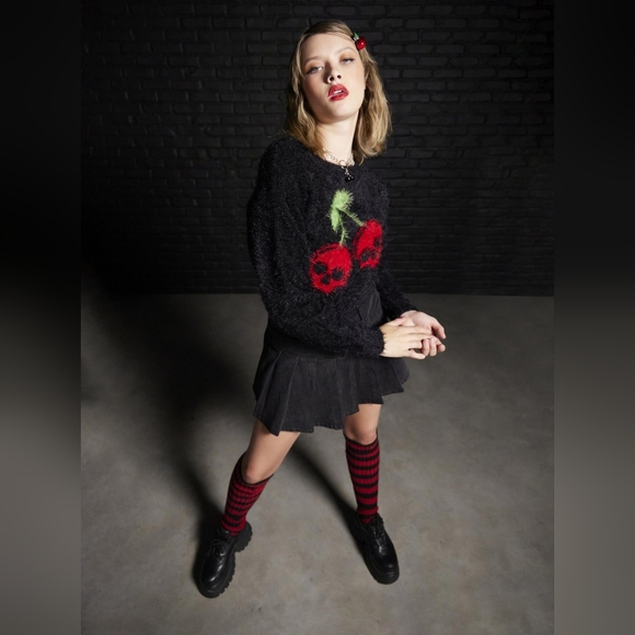 Pullovers & SweatersSocial Collision Skull Cherry Girls Fuzzy Sweater Large - Picture 2 of 3
